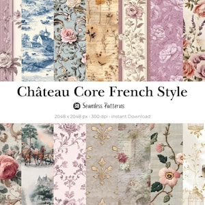 May include: A collection of 38 seamless patterns in the "Château Core French Style." The patterns feature floral, toile, and botanical designs in soft pastel colors. The image includes the text "Château Core French Style" and "38 Seamless Patterns."
