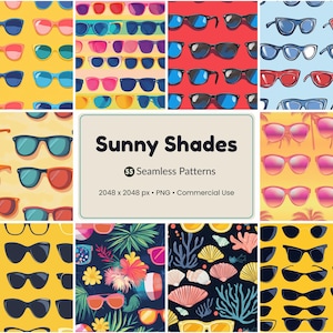 Op de afbeelding: Een verzameling kleurrijke zonnebrillenpatronen. De afbeelding toont verschillende ontwerpen met verschillende montuurvormen en lenskleuren, waaronder blauw, rood, roze en zwart. De tekst "Sunny Shades" wordt weergegeven met details over de patronen.