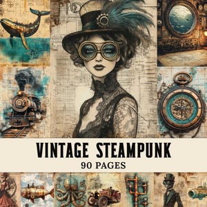 May include: A collection of 90 pages titled VINTAGE STEAMPUNK featuring illustrations of a person in goggles and a top hat, a whale, a steam locomotive, a compass, an octopus, a vintage car, and pipes on a background of technical drawings.