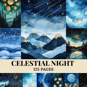 May include: A collection of celestial-themed art prints. The prints feature watercolor illustrations of starry skies, mountains with gold accents, and celestial bodies. The text "CELESTIAL NIGHT" and "125 PAGES" are displayed prominently.