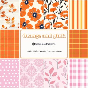 May include: A collection of 25 seamless patterns in orange and pink. The patterns include floral designs, stripes, plaid, polka dots, and geometric grids. The image includes the text "Orange and pink" and "2048 x 2048 PX • PNG • Commercial Use."