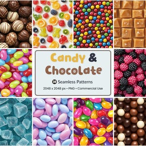 May include: A collection of assorted sweets, such as jelly beans, chocolate truffles, and caramel squares. The image includes a central text box with the words "Candy & Chocolate" and the text "30 Seamless Patterns".