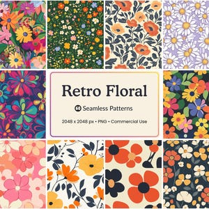 May include: A collection of retro floral seamless patterns in various designs. The patterns feature colorful flowers in shades of orange, pink, yellow, and blue. The image includes the text "Retro Floral" and details about the patterns.