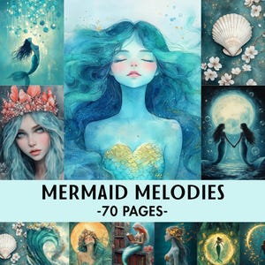 Mermaid Melodies Junk Journal Pages: Ocean Watercolor Digital Scrapbook Kit (70 Designs)