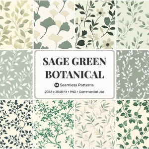 Op de afbeelding: Een verzameling saliegroene botanische naadloze patronen. De patronen bevatten verschillende blad- en bloemontwerpen in groen- en wittinten. De afbeelding bevat de tekst "SAGE GREEN BOTANICAL" en "34 Seamless Patterns".