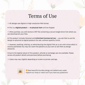 May include: A digital document titled "Terms of Use" on a soft pink background. The text outlines the terms for digital designs, including usage rights, file format, and refund policies. The document includes a small graphic of a seashell.