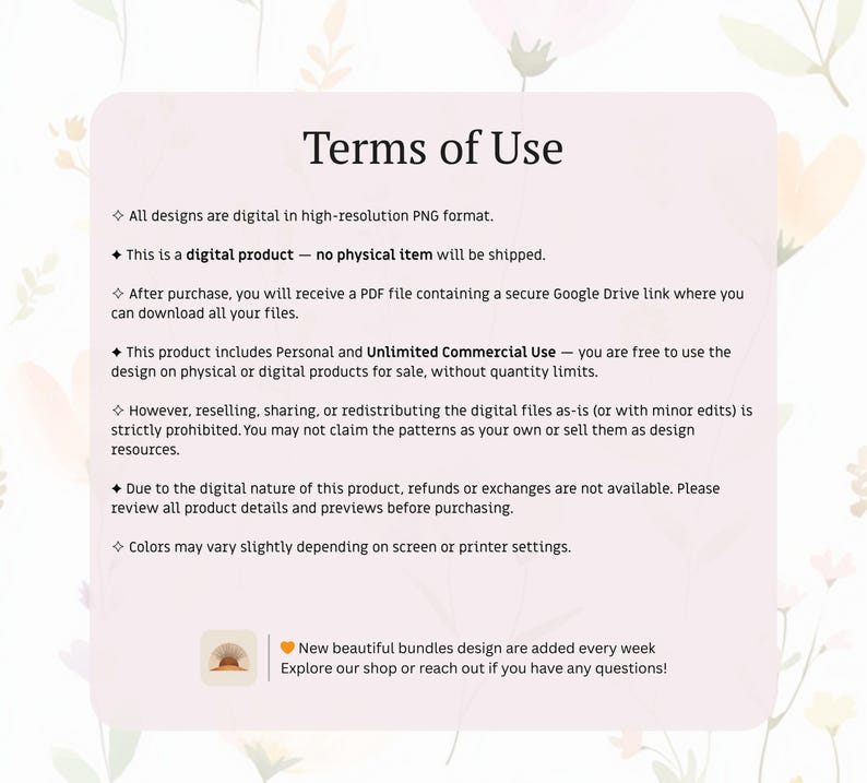 May include: A digital document titled "Terms of Use" on a soft pink background. The text outlines the terms for digital designs, including usage rights, file format, and refund policies. The document includes a small graphic of a seashell.