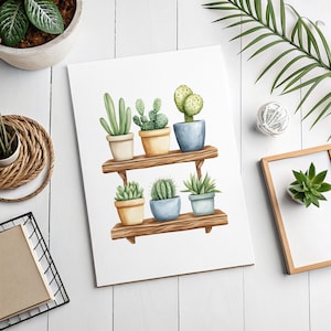 May include: Watercolor illustration of various cacti and succulents in small pots, arranged on a two-tiered wooden shelf. The plants are in beige and blue pots. The artwork is on a white background.