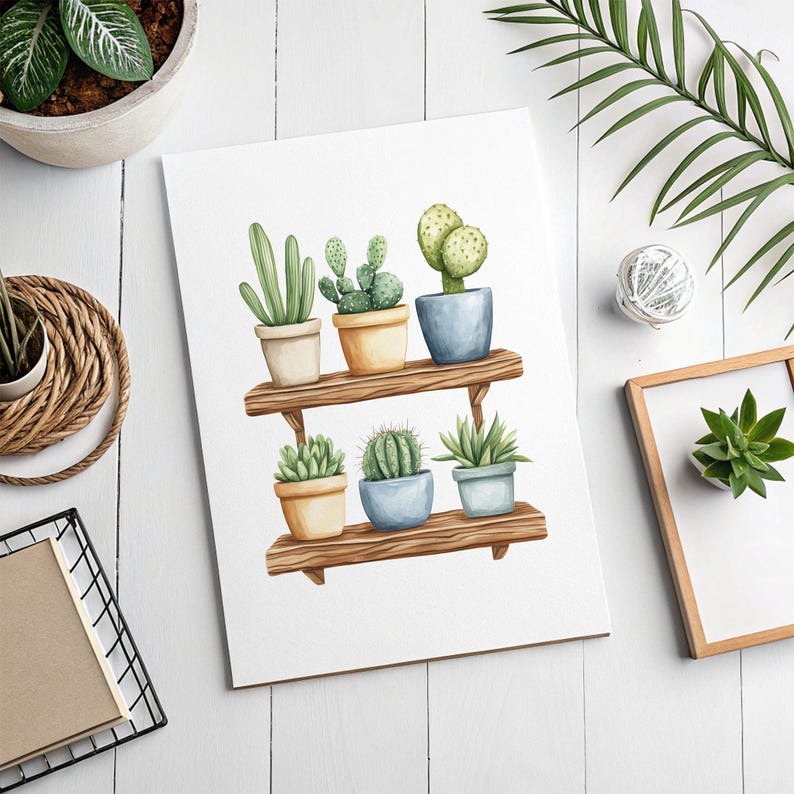 May include: Watercolor illustration of various cacti and succulents in small pots, arranged on a two-tiered wooden shelf. The plants are in beige and blue pots. The artwork is on a white background.