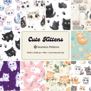 Op de afbeelding: Een verzameling naadloze aquarelpatronen met schattige kittens in verschillende poses en kleuren. De patronen bevatten afbeeldingen van zwarte, witte en oranje kittens, pootafdrukken en bloemelementen. De tekst op de afbeelding luidt "Cute Kittens" en "28 Seamless Patterns".