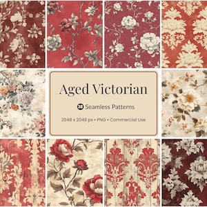 Op de afbeelding: Een verzameling van negen naadloze patronen met een verouderde Victoriaanse uitstraling. De patronen tonen bloemen- en damastontwerpen in tinten rood, crème en bruin. De afbeelding bevat de tekst "Aged Victorian" en details over de patronen.
