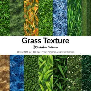 Puede incluir: Una colección de texturas de césped sin costuras en varios tonos de verde, azul y marrón. La imagen presenta una variedad de tipos de césped, incluyendo hojas largas, hojas cortas y superficies texturizadas. El texto "Grass Texture" se muestra en negro.