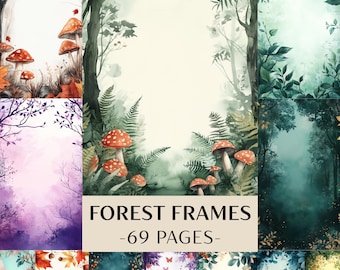69 Forest Frames Junk Journal Pages Printable | Woodland Borders Mushrooms Leaves | Watercolor Nature Ephemera | Scrapbook Paper Kit