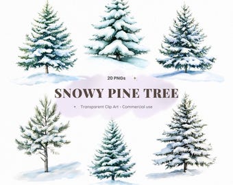 May include: A collection of six watercolor illustrations of pine trees covered in white snow. The text reads 20 PNGS SNOWY PINE TREE Transparent Clip Art - Commercial use. Each tree features green needles and thick layers of snow.