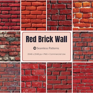 Może przedstawiać: Kolaż tekstur czerwonej ściany z cegieł. Obraz przedstawia różne odcienie czerwonych cegieł, od głębokiej szkarłatnej po żywą pomarańczową. Centralny znak głosi "Red Brick Wall" ze szczegółami dotyczącymi bezszwowych wzorów i użytkowania.