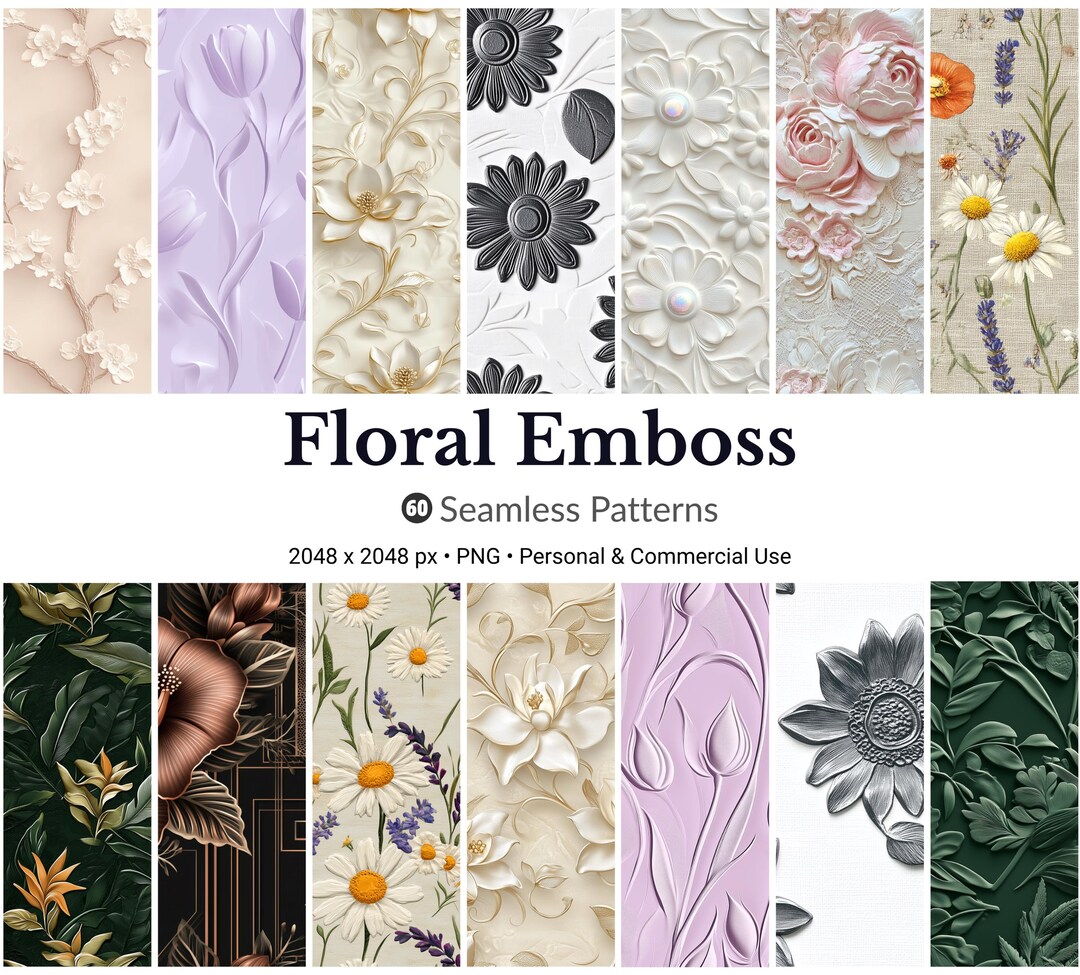 Trendy Emboss Patterns Floral Emboss Seamless Patterns: 3D Flower PNG Textures (commercial Use ...