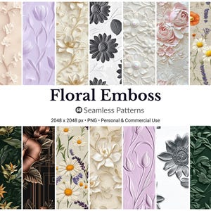 May include: A collection of 10 vertical panels showcasing floral embossed patterns in various colors and textures. The panels feature designs of flowers, leaves, and other botanical elements. The text "Floral Emboss" is displayed below the panels, along with details about the patterns.