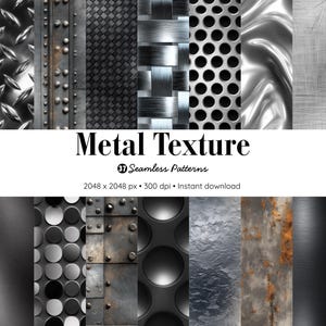 Op de afbeelding: Een digitale afbeelding met verschillende metalen texturen. De afbeelding toont naadloze patronen van verschillende metalen oppervlakken, waaronder diamantplaat, geweven metaal en geperforeerd metaal. De tekst "Metal Texture" is prominent aanwezig.