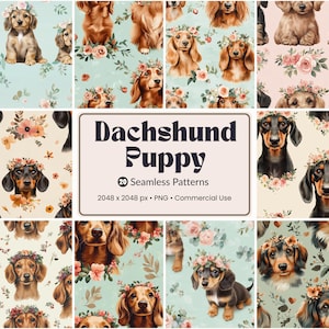 May include: A collection of 20 seamless patterns featuring Dachshund puppies with floral crowns. The patterns showcase various Dachshunds in different poses and colors, set against pastel backgrounds with floral and leaf accents. The image includes the text "Dachshund Puppy".