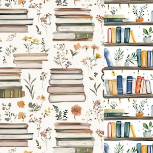 May include: Watercolor illustration of stacks of books in various sizes and colors, interspersed with floral and botanical elements. The books have a vintage aesthetic, with aged paper and muted tones. The background is a soft, off-white color.