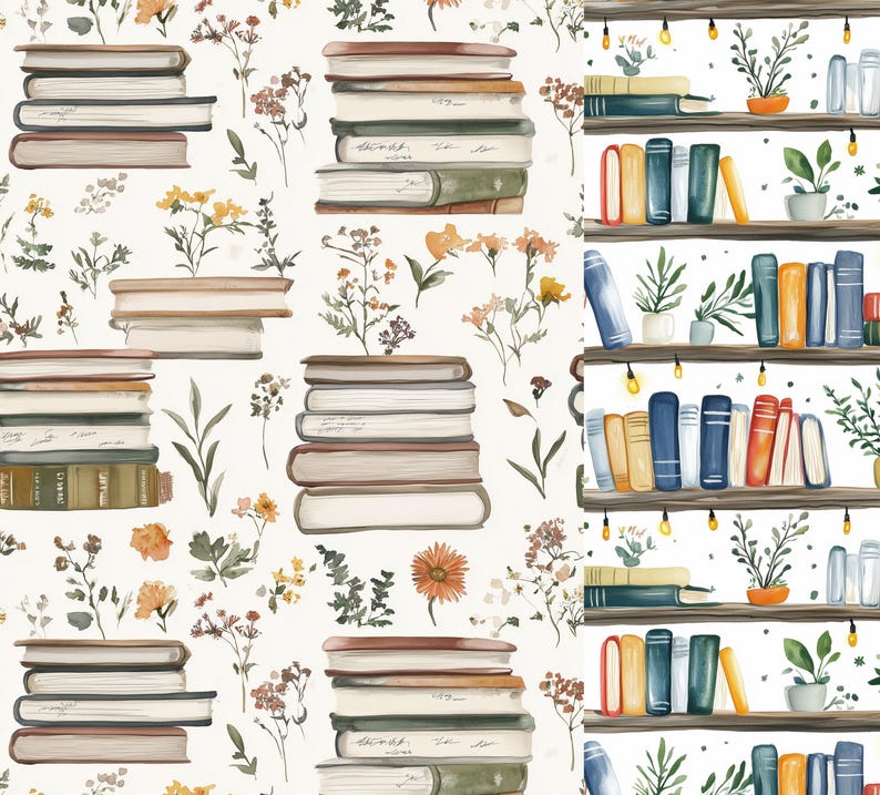 May include: Watercolor illustration of stacks of books in various sizes and colors, interspersed with floral and botanical elements. The books have a vintage aesthetic, with aged paper and muted tones. The background is a soft, off-white color.