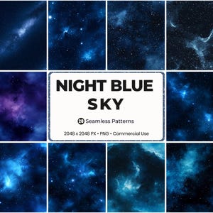 Puede incluir: Un conjunto de patrones sin costuras con el tema del cielo nocturno. Los diseños presentan tonos azules profundos, con estrellas y nebulosas. La imagen incluye el texto "NIGHT BLUE SKY" y detalles sobre los patrones.