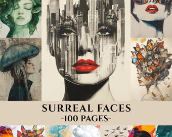 May include: A collection of surreal art prints featuring faces with unique elements. One image shows a face merged with a cityscape, another with butterflies, and others with cloud-like hair. The text "SURREAL FACES -100 PAGES-" is displayed.