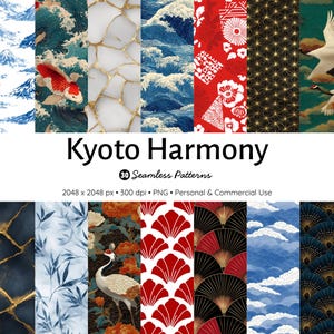 Puede incluir: Una colección de patrones sin costuras en 3D con diseños de inspiración japonesa. Los patrones presentan olas, peces koi, grullas, motivos florales y formas geométricas en una variedad de colores, incluyendo azul, rojo, dorado y negro. Se muestra el texto "Kyoto Harmony".