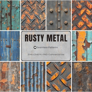May include: A collection of nine seamless patterns featuring various textures of rusty metal. The patterns include peeling paint, diamond plate, riveted metal, and corrugated iron, with colors of blue, orange, and brown. The image includes the text "RUSTY METAL".