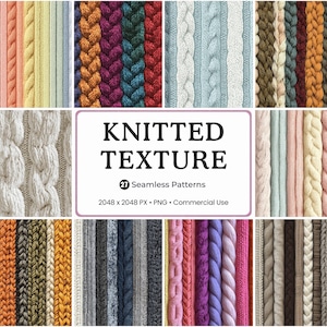 May include: A collection of knitted textures in various colors, including pink, yellow, blue, and brown. The image features a variety of cable knit patterns. The text in the image reads "KNITTED TEXTURE" and "27 Seamless Patterns".
