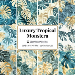 Może przedstawiać: Zestaw bezszwowych wzorów z akwarelowymi ilustracjami tropikalnych liści Monstera w odcieniach turkusu, złota i kremu. Tekst "Luxury Tropical Monstera" jest wyświetlany w białej i złotej ramce.