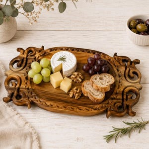 Bandeja de madeira de cerejeira e nogueira - travessa para servir carne e pão - utensílio de mesa tradicional de madeira - fruteira - presente de boas-vindas