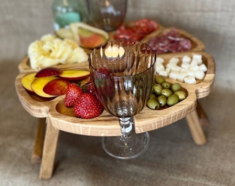Weintisch Picknicktisch Tablett Klappbar Tragbar "Kamille" aus Eichenholz Serviertablett ø35 cm Innenbett Valentinstag Hochzeitgeschenk Holz