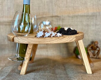 Weintisch Picknicktisch Tablett für Zwei Klappbar Tragbar aus Eiche Serviertablett Betttablett Strand Wein Käse Geburtstag Hochzeitsgeschenk