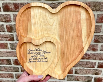 Personalisierte Geschenk zum Muttertag, Hochzeit, Geburtstag, Holzteller Herz, mit Spruch oder ohne, eigene Gravur möglich, Holzherz.