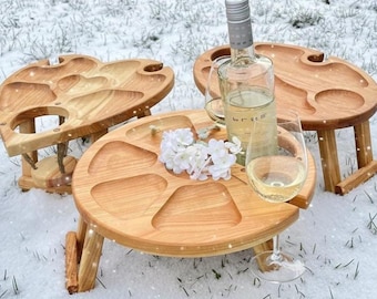 Boho picknicktafel van kersenhout – wijntafel 35–40 cm – opklapbare houten tafel – wijnbar met flessenhouder – koffiebar met wijnglazenhouder