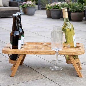 Dębowy stół piknikowy z 3 uchwytami na butelki, stolik na wino 50 x 30 cm, dębowa taca na przekąski, składany barek kawowy, taca do serwowania serów i wina.