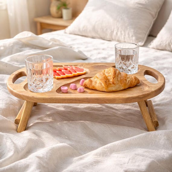 Frühstück im Bett, Holztisch 50x30 cm, Picknicktisch aus Eichenholz – ideal für Ausflug, Couchbar, Beistelltisch, Käsebrett, Strandtisch