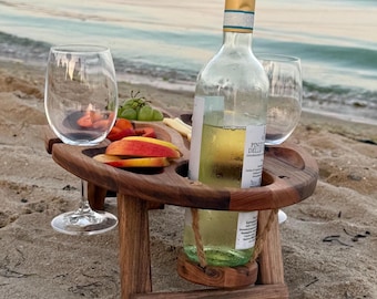 Klappbaren Weintisch, Weinbutler aus Walnuss, tragbarer Picknicktisch, Outdoor-Snacktisch mit Glashalter, mobiles Wein- & Snack-Tablett