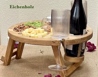 Opklapbare picknicktafel voor twee personen Ø35 cm, koffiebar met wijnglazenhouder, rond dienblad van massief hout, uniek cadeau