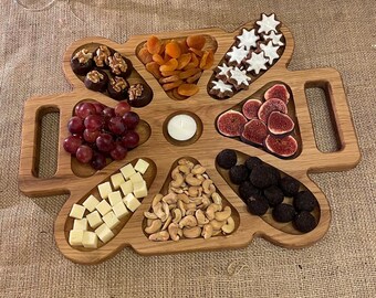 Holzteller mit Unterteilungen, Serviertablett mit Trennwände, Tablett für Snacks, Organizer-Tablett, Holztablett für Diäten, Geschenk, Eiche