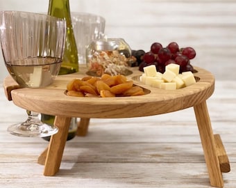 Gepersonaliseerde eikenhouten wijntafel, opklapbare picknicktafel voor twee personen Ø35, draagbare koffiebar, wijnbar, cadeau voor wijnliefhebbers, bruiloft
