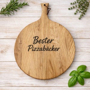 Pizzabrett Eiche Ø 30 cm mit Griff | Rundes Schneidebrett Holz | Pizzateller mit Griff | Serviertablett für Käse, Brot | Charcuterie-Brett