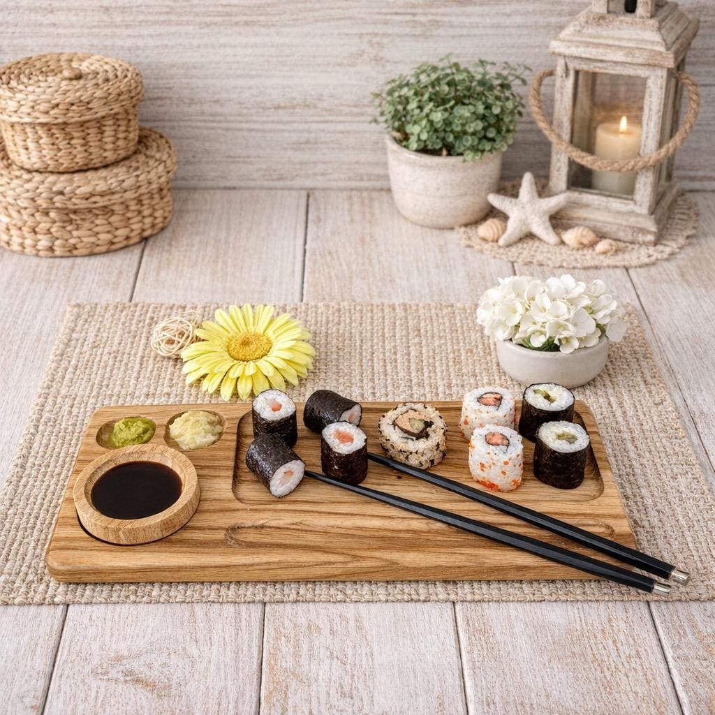 Sushi Zubehr Set Hochwertiges Sushi Set Bambus Schiefer  Keramik  Essstbchen Saucenschalen Tischset