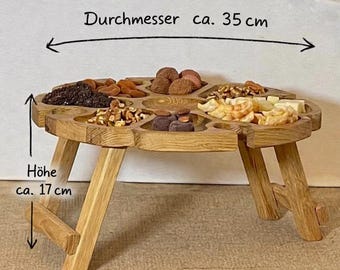 Wijntafel van eikenhout, Ø 35 cm – opklapbare picknicktafel met 2 of 4 glashouders – serveerplank voor hapjes en wijn – houten cadeau