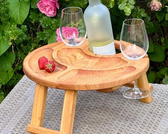 Personalized cherry wood wine table, round picnic table with 2 glass holders, wine tray, serving tray for wine and snacks, Couchar wood