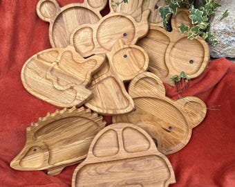 Kinderteller aus Eichenholz für Kleinkinder, Babyteller Serviertablett Snacksteller Holzteller Portionsteller Geschenk Holz Organizer