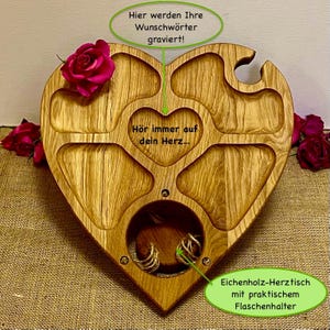 Picknicktisch Herz aus Holz, Weintisch, Serviertablett aus Eiche – Geschenkidee für Paare, Hochzeit, Verlobung, Weinbar, Weingeschenk Holz.