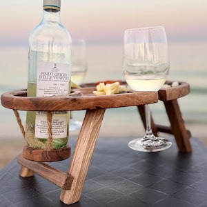 Round or oval wine table – 35-40 cm wine bar made of walnut – foldable picnic table with wine bottle holder and 2 glass holders – wooden gift.