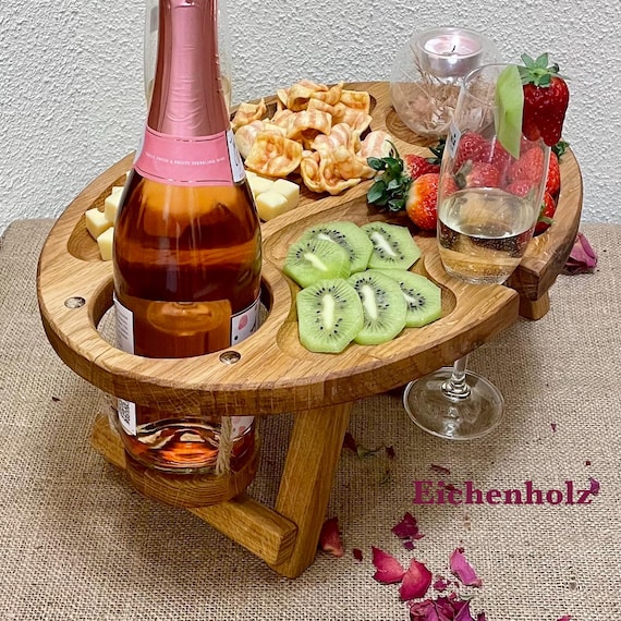 Weintisch, Picknicktisch, Serviertablett Oval Eichenholz, Couchbar, Strandtisch, Hochzeit, Geburtstag Geschenk, Klapptisch, Weinliebhaber.